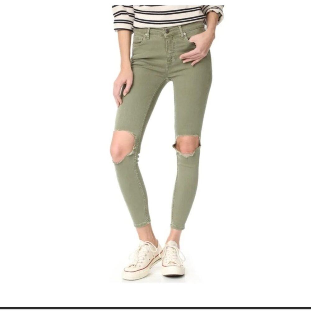 Free People Womens 26 Skinny‎ Jeans Busted Knee Olive Green Mid Rise
